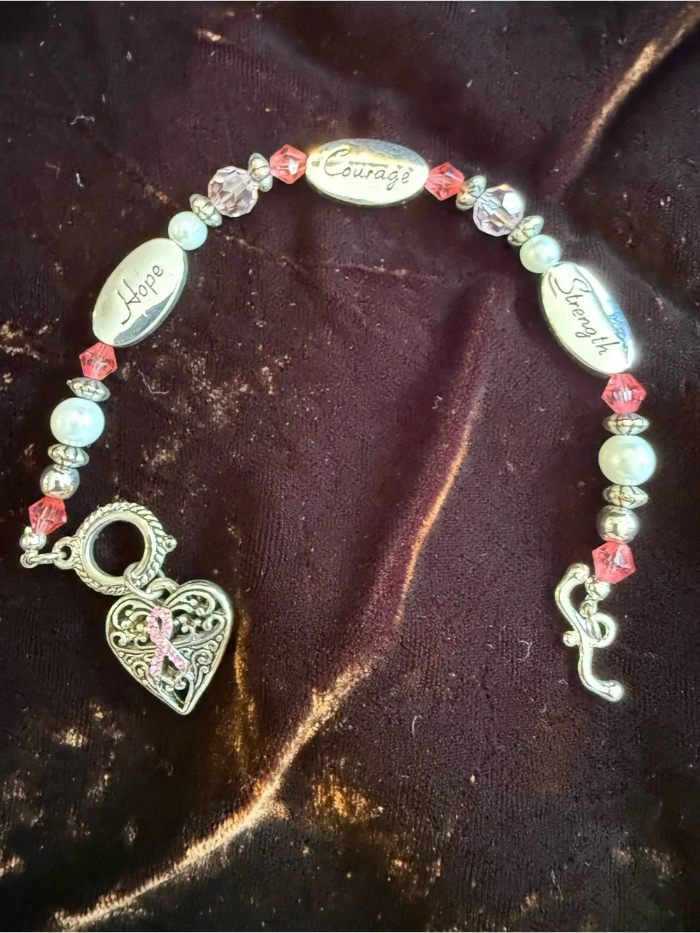Pink Crystal bead breast cancer awareness, & Pearl Inspirational Charm Bracelet